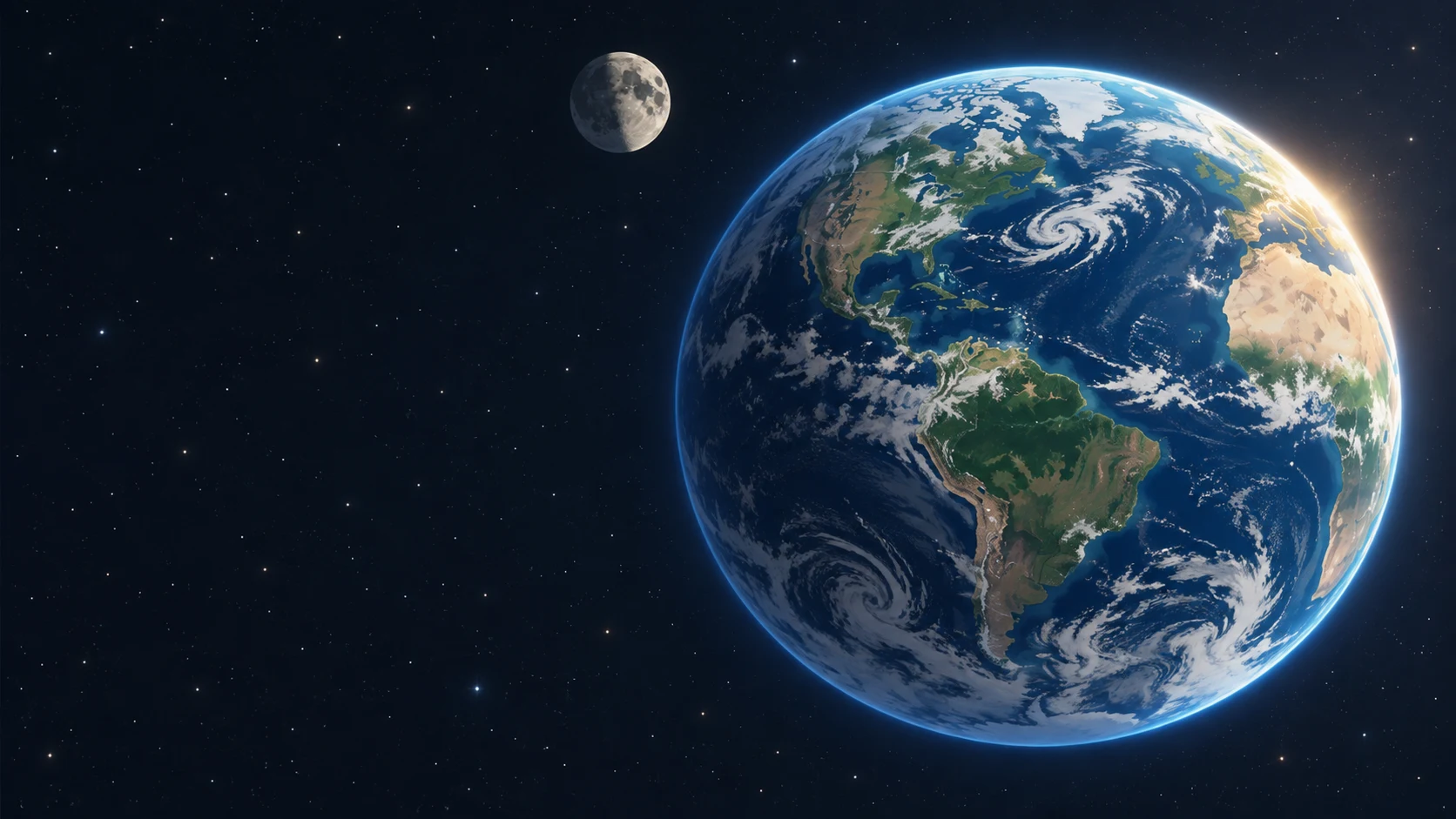 Earth’s blue oceans and clouds with the Moon beyond